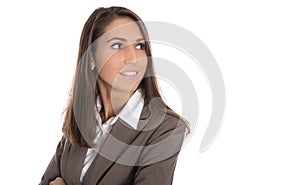 Isolated smiling business woman looking sideways to text.