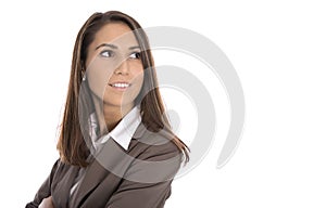 Isolated smiling business woman looking sideways to text.