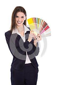 Isolated smiling business woman sales colors for walls at home.