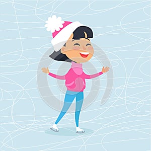 Isolated Smiling Cartoon Girl Skating on Icerink