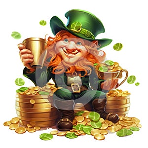 Isolated Smiling and Happy Leprechaun with his green clothes and hat sit on Cauldrons full of Gold coins