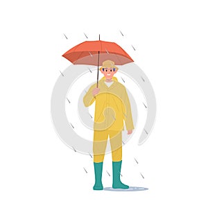 Isolated smiling man cartoon character wearing rain suit holding umbrella standing under downpour photo