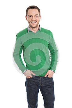 Isolated smiling man with green pullover on white.