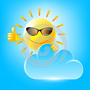 Isolated smiling sun in sunglasses disperses the clouds and shows the okay sign with its own hands. Fairy tale character for child