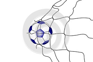 Isolated soccer ball in the goal net .