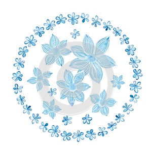 Isolated softness floral design element. Floral round wreath with abstract blue flowers on white background.