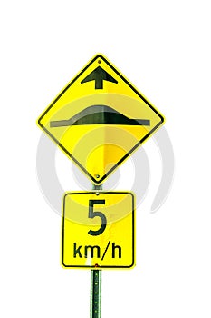 An isolated Speed Bump sign with a speed recommendation sign