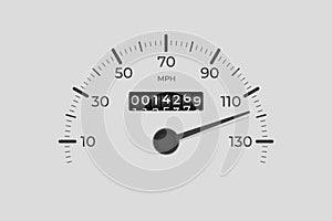 Isolated speedometer. Car mileage, measuring kilometers. Circle speed control, accelerating dashboard of autos or photo