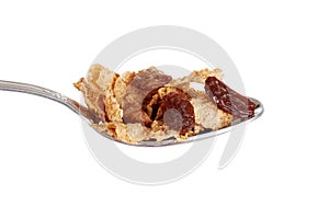 Isolated spoonful of bran and raisin cereal