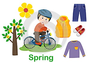 Isolated spring set with boy, tree and clothes