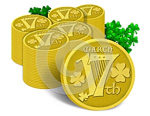 St. PatrickÃ¢â¬â¢s Day Irish Celtic Harp Gold Coins. Designed made up of March 17 Date, Lucky 4-Leaf Clovers and Shamrock.