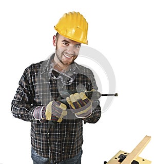 Isolated standin handyman with electric drill photo