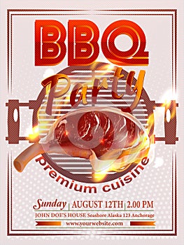 Isolated Steak realistic Vintage Vector Emblem, Label or Logo Template. Meat with a grill, realistic fire Effect. Barbecue poster