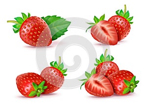 Isolated strawberry. 3d red whole and half fruit, fresh sliced sweets for summer juice, delicious realistic berry