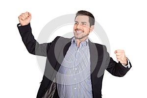 Isolated successful business man over white cheering and happy m