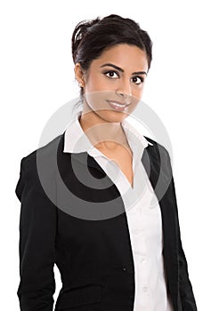 Isolated successful happy indian business woman over white.