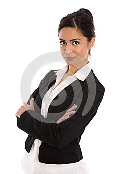 Isolated successful happy indian business woman over white.