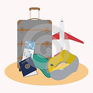 Isolated suitcase with different travel accesory items Vector