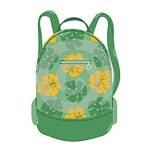Isolated summer travel green bagpack with floral pattern in flat hand drawn vector style on white background.