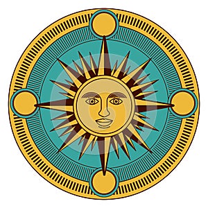 Isolated sun inside compass design