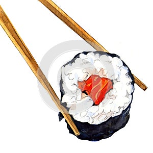 Isolated sushi roll with chopsticks photo