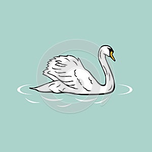 isolated swimming white goose on blue background, farm animal vector illustration