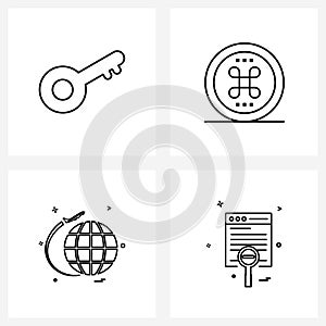 Isolated Symbols Set of 4 Simple Line Icons of key, aero plane, protection, grenadine, layout