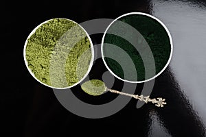 An isolated tablespoon of dried organic wheat grass and spirulina powder, on white rustic background