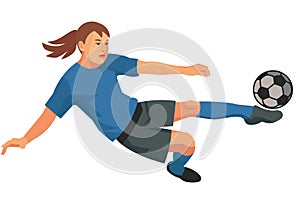 Isolated teenager girl figure of a school women& x27;s football player in a blue sports uniform jumps to hit the ball