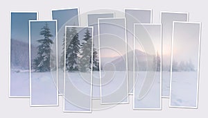 Isolated ten frames collage of picture of foggy sanrise in mountain valley.