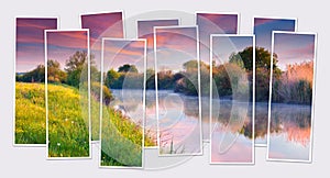 Isolated ten frames collage of picture of summer sunrise on calm river.