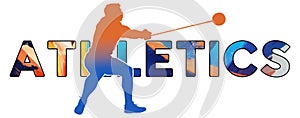 Isolated text ATHLETICS on Withe Background - Hammer Throw - Color Icon Gradient Silhouette Figure of a Male Spinning to Throw