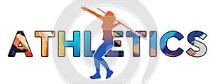 Isolated text ATHLETICS on Withe Background - Javelin - Color Icon Gradient Silhouette Figure of a Female or Woman Javelin Thrower