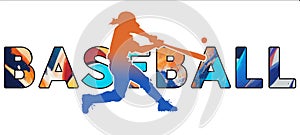 Isolated text BASEBALL on Withe Background - Color Icon Gradient Silhouette Figure of a Female Batter Swinging at Ball