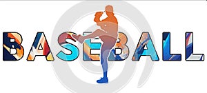 Isolated text BASEBALL on Withe Background - Color Icon Gradient Silhouette Figure of a Female Pitcher with Lifted Leg
