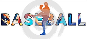 Isolated text BASEBALL on Withe Background - Color Icon Gradient Silhouette Figure of a Male Pitcher with Lifted Leg