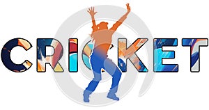 Isolated text CRICKET on Withe Background - Color Icon Gradient Silhouette Figure of a Female Bowler Appealing for LBW photo