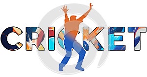 Isolated text CRICKET on Withe Background - Color Icon Gradient Silhouette Figure of a Male Bowler Appealing for LBW photo