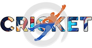 Isolated text CRICKET on Withe Background - Color Icon Gradient Silhouette Figure of a Male Wicky or Wicket Keeper Diving to Catch