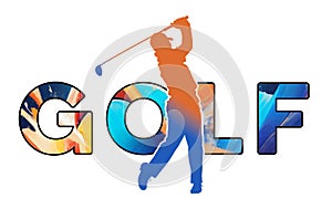 Isolated text GOLF on Withe Background - Color Icon Gradient Silhouette Figure of a Male Player Hitting Tee Shot