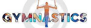 Isolated text GYMNASTICS on Withe Background - Color Icon Gradient Silhouette Figure of a Male Performing a Maltese Cross