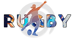 Isolated text RUGBY on Withe Background - Color Icon Gradient Silhouette Figure of a Female or Woman Place or Drop Kick Ball