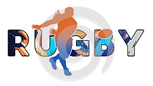 Isolated text RUGBY on Withe Background - Color Icon Gradient Silhouette Figure of a Female or Woman Scrumhalf Passing Ball