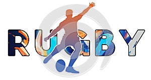 Isolated text RUGBY on Withe Background - Color Icon Gradient Silhouette Figure of a Male Place or Drop Kick Ball