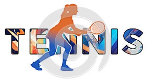 Isolated text TENNIS on Withe Background - Color Icon Gradient Silhouette Figure of a Female or Woman Anticipation on Receiving photo