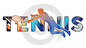 Isolated text TENNIS on Withe Background - Color Icon Gradient Silhouette Figure of a Male Diving to Reach Ball