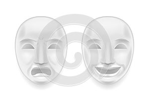 Isolated theatrical face mask sadness joy white actor play antique realistic 3d mock up design vector illustration