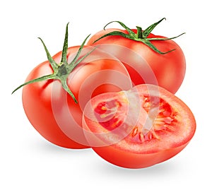 Isolated tomatoes. Fresh whole tomatoes and a half isolated on white background