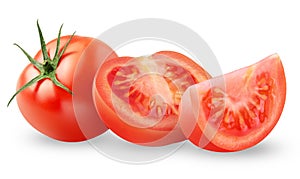 Isolated tomatoes. Fresh whole tomatoes and a half isolated on white background