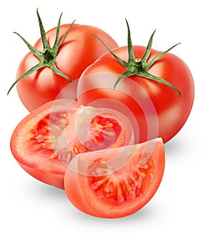 Isolated tomatoes. Fresh whole tomatoes and a half isolated on white background